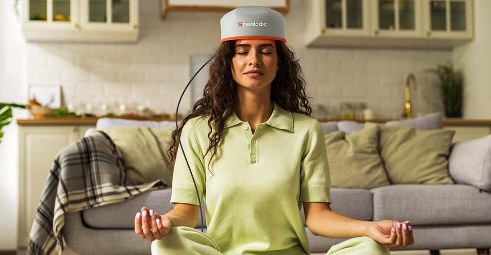 a woman with Scienlodic Red Light Therapy Hair growth Hat enjoy her time do a yoga